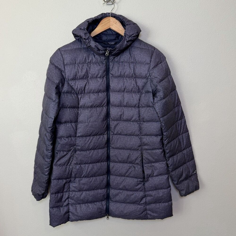 Eddie Bauer Womens S EB650 Down Puffer Jacket Long Hooded Parka Heather Blue